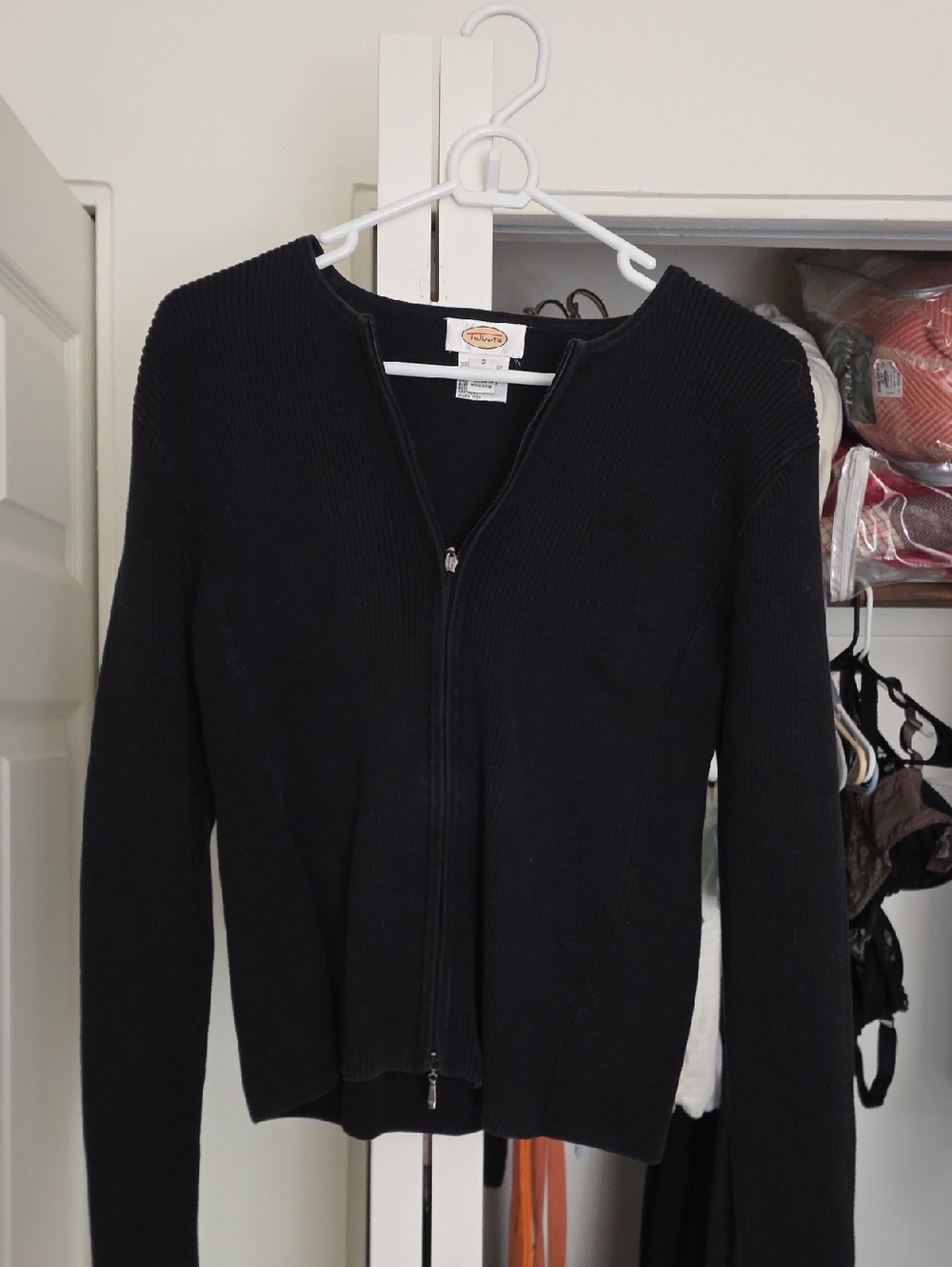 Talbots Black Zip-Front Ribbed Knit Cardigan